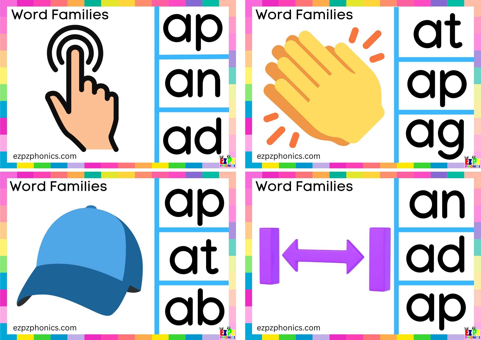 Word Family ap Look at the image and clip the correct letters clip cards. This set includes the words: tap, clap, cap and gap